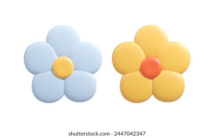 3d cartoon flowers buds in yellow and blue colors. Plastic floral element, plasticine summer and spring nature object. Vector isolated illustration.