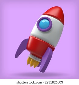 3d cartoon flying rocket. Cute stylised spaceship. Colorful bright vector illustration for science, game, business. Glossy plastic element. Realistic concept art.