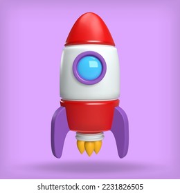 3d cartoon flying rocket. Cute stylised spaceship. Colorful bright vector illustration for science, game, business. Glossy plastic element. Realistic concept art.