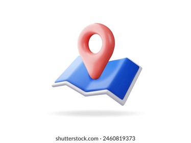 3D cartoon folded map with location pin isolated. Render map silhouette. Planet icon. Cartography and geography. Earth day, Holiday and travel, GPS location navigation service. Vector Illustration