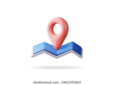 3D cartoon folded map with location pin isolated. Render map silhouette. Planet icon. Cartography and geography. Earth day, Holiday and travel, GPS location navigation service. Vector Illustration