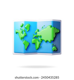 3D cartoon folded world map isolated on white. Render world map silhouette. Planet icon. Cartography and geography. Earth day, Holiday and travel, GPS location navigation service. Vector Illustration