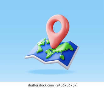 3D cartoon folded world map with location pin. Render world map silhouette. Planet icon. Cartography and geography. Earth day, Holiday and travel, GPS location navigation service. Vector Illustration