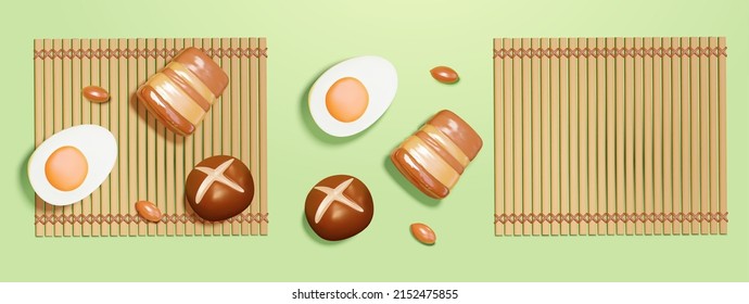 3d cartoon food ingredients of sticky rice dumpling placed on traditional bamboo mat. Duanwu Festival elements isolated on green background.