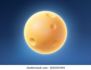 3d cartoon full moon with crater and glowing moonlight. Luna element isolated on blue background. Suitable for night or mid autumn festival decoration.