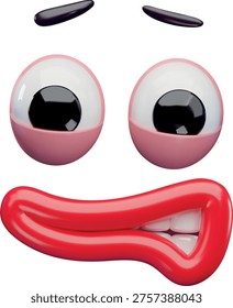 3D cartoon funny face with awe emotion. Eyes, mouth and eyebrows realistic vector 3D design. Scared annoyed expression of motion animation clay character. Emoji emoticon icon. Comic fear face elements