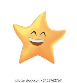 3D Cartoon funny kawaii star character or little twinkle vector personage shining in sky with happy smiling face and bright yellow beams. Cute twinkle star emoticon, space emoji character 3D