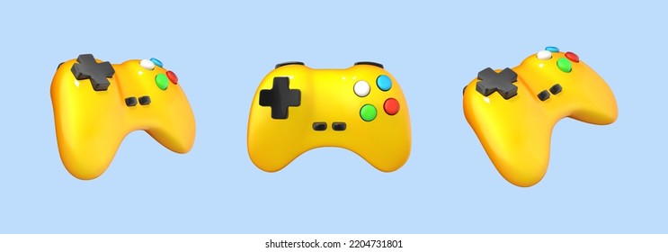 gamepad de dibujos animados 3D. Controladores inalámbricos aislados en fondo azul. Juegos de ordenador. Iconos vectoriales de dibujos animados de 3 d