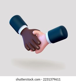 3D cartoon gesture: handshake of african and caucasian human hands. Concept of partnership, friendship and teamwork. Emoji icon of shaking businessman's hands on light background. Vector illustration.