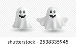 3D Cartoon Ghosts Vector Illustration Set. Cute Halloween Ghost Characters with Classic White Sheet Design. Spooky Ghosts with Eyes and Mouth Cutouts. Fun and Playful Halloween Ghost Icons