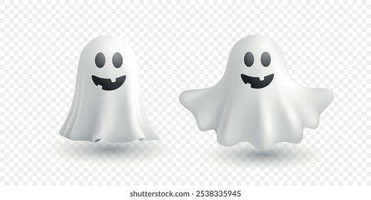 Conjunto de ilustrações vetoriais de fantasmas de desenhos animados 3D. Personagens Fantasmas de Halloween Bonito com Design de Folha Branca Clássico. Fantasmas assustadores com olhos e cortes de boca. Divertido e brincalhão Halloween Ghost Icons