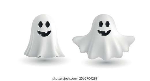 3D Cartoon Ghosts Vector Illustration Set. Cute Halloween Ghost Characters with Classic White Sheet Design. Spooky Ghosts with Eyes and Mouth Cutouts. Fun and Playful Halloween Ghost Icons