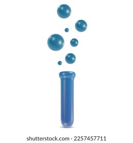 3d cartoon glass blue test tube with flying bubbles in realistic funny colorful style. Render bright children toy object. Plastic cute glossy design element. Vector minimal medical illustration.