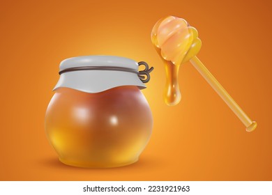 3d cartoon glass honey jar in vector realistic funny style. Cute art element. Trendy plasticine or glossy clay design object. Sweet colorful illustration on minimal background.