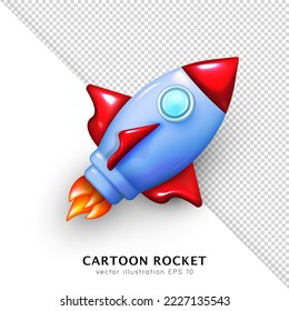 3D cartoon glossy rocket with fire from turbines. Realistic three dimensional spaceship launch isolated on white and transparent background. Blue and red shuttle flying to space. Vector illustration
