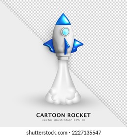 3D cartoon glossy rocket with smoke from turbines. Realistic three dimensional vector spaceship launch isolated on white and transparent background. Blue and silver shuttle flying up to space.