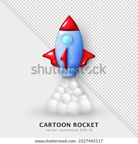 3D cartoon glossy rocket with smoke from turbines. Realistic three dimensional vector spaceship launch isolated on white and transparent background. Blue shuttle flying up to space.