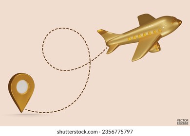 3D cartoon gold Airplane flying and leaves a dashed trace line. Airplane line path routes. Travel from the start gold point and dotted line tracing. Travel vector icon. 3d vector illustration.