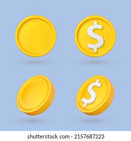 3D cartoon gold coin icons set. Coins with dollar sign. Vector 3d  illustration