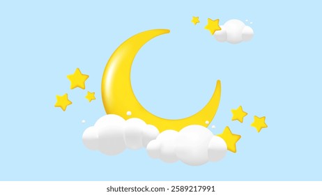 3D Cartoon Golden Crescent Moon with Stars and Clouds on Blue Sky Background – Perfect for Dreamy Designs, Banners, Booklets, and Posters – Vector Illustration