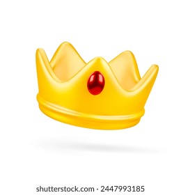 3d cartoon golden crown with red gemstone isolated on white background. Symbol of royal power, victory or luxury. Vector illustration of 3d render.