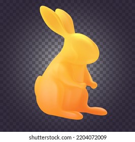 3d cartoon golden rabbit in realistic plastic style on isolated transparent background. Modern cute animal character. Yellow celebration symbol of 2023 year. Vector illustration.