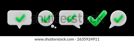 3D cartoon green check mark icon set. Speech bubbles and confirmation symbols. Vector set isolated on black background