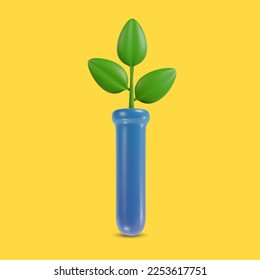 3d cartoon green plant in glass blue test tube in realistic funny colorful style. Render bright children toy object. Plastic cute glossy design element. Vector minimal medical illustration.