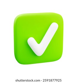 3d cartoon green square icon of bold white checkmark isolated on white backdrop. Design element for approval, success, confirmation, or completion concept. Vector illustration of 3d render.