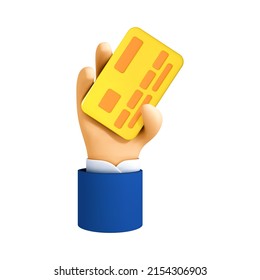 3D cartoon hand of businessman holds debit or credit card. Concept of contactless payment or online shopping and online banking. Vector 3d illustration.