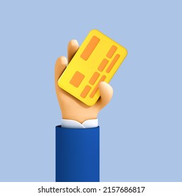 3D cartoon hand of businessman holds debit or credit card. Concept of contactless payment or online shopping and online banking. Vector 3d illustration.