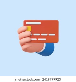 3D cartoon hand of businessman holds debit or credit card. Concept of contactless payment or online shopping and online banking. 3d rendering. Vector illustration