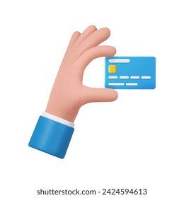 3D cartoon hand of businessman holds debit or credit card. Concept of contactless payment or online shopping and online banking. 3d rendering. Vector illustration