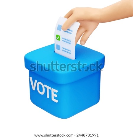 3d cartoon hand casting vote into blue ballot box. Hand putting ballot paper in vote box. Design element for election campaign. Vector illustration of 3d render.