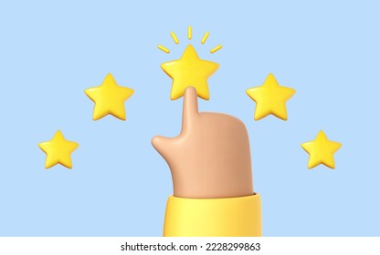 3D cartoon hand clicks on a five star rating. Concept of a positive rating, reviews and feedback. Internet and electronic commerce. Vector 3d illustration