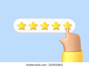 3d la mano de dibujos animados hace clic en una calificación de cinco estrellas. Concepto de calificación positiva, revisiones y retroalimentación. Internet y comercio electrónico. Ilustración vectorial 3D.