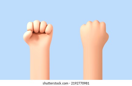 3D cartoon hand fist raised up isolated on blue background. Revolution and protest concept. Strength icon. Vector 3d illustration.