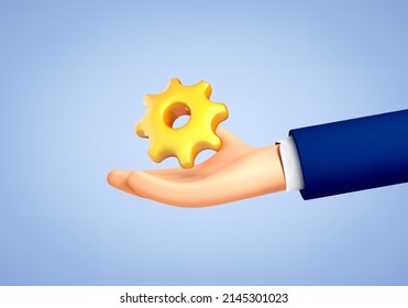 3D cartoon hand with gear icon. Professional tool icon. Renovation service concept. Vector 3d illustration