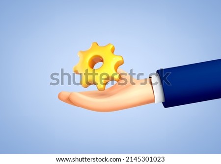 3D cartoon hand with gear icon. Professional tool icon. Renovation service concept. Vector 3d illustration