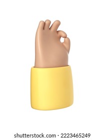 3D cartoon hand gesture of ok sign isolated on white background. Icon with human arm with fingers showing zero or symbol of okay. Vector 3d Illustration
