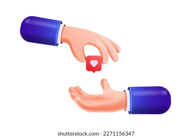La mano de caricatura 3D le da una burbuja de la expresión del corazón rojo a otra mano aislada de fondo blanco. Concepto de medios sociales. Ilustración del vector 3D