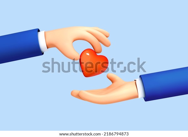 3D\
cartoon hand give red heart to another isolated on blue background.\
Social media concept. Vector 3d\
illustration\
\
