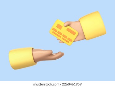 3D cartoon hand gives a debit or credit card to another person's hand. Cartoon hand holding credit card. Concept of payment. Vector 3d illustration.
