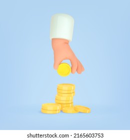 3d mano de dibujos animados y monedas de oro. Inversión financiera empresarial. Dale dinero. Retención manual y suma una moneda a la pila de monedas. Concepto de reembolso, caridad, donación, préstamo. Vector realista