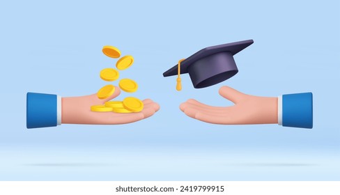 La mano de caricatura 3D sostiene la gorra de las graduaciones y monedas de dinero. Costo de educación, concepto de préstamo universitario. Inversión en educación. Mejora de las habilidades. 3 quinquies de representación. Ilustración del vector