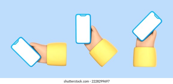 3D cartoon hand hold smartphone with blank screen isolated on blue background. Human hand showing modern smartphone with empty display from different angles. Vector 3d Illustration