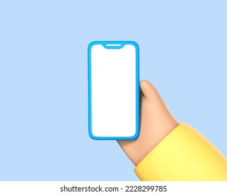 3D cartoon hand hold smartphone with blank screen isolated on blue background. Human hand showing modern smartphone with empty display. Vector 3d Illustration