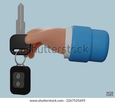 3d cartoon hand holding the car keys mortgage loan. The hand holds the keys isolated on blue background. 3D vector illustration.