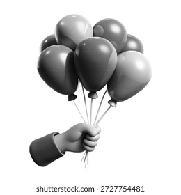 3D-Cartoon Hand, die eine Gruppe von Ballons mit Halbtontextur hält. Minimale monochrome Illustration einzeln auf weißem Hintergrund, ideal für Feier, Party, Marketing, Banner und Posterdesign.