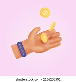 3d cartoon hand holding crypto coins concept.